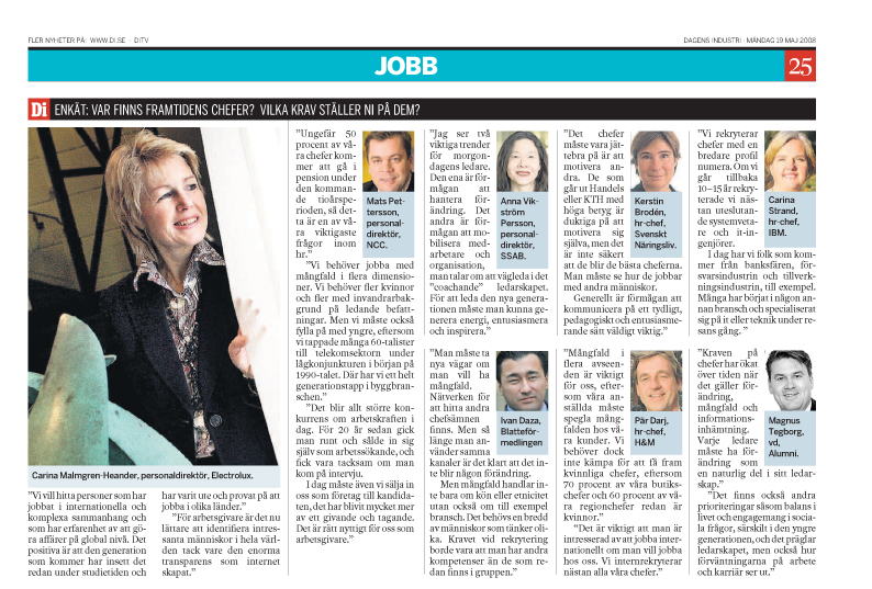 Dagens Industri Jobb 19 maj 2008 — enkät: Var finns framtidens chefer? med Ivan Daza, Blatteförmedlingen