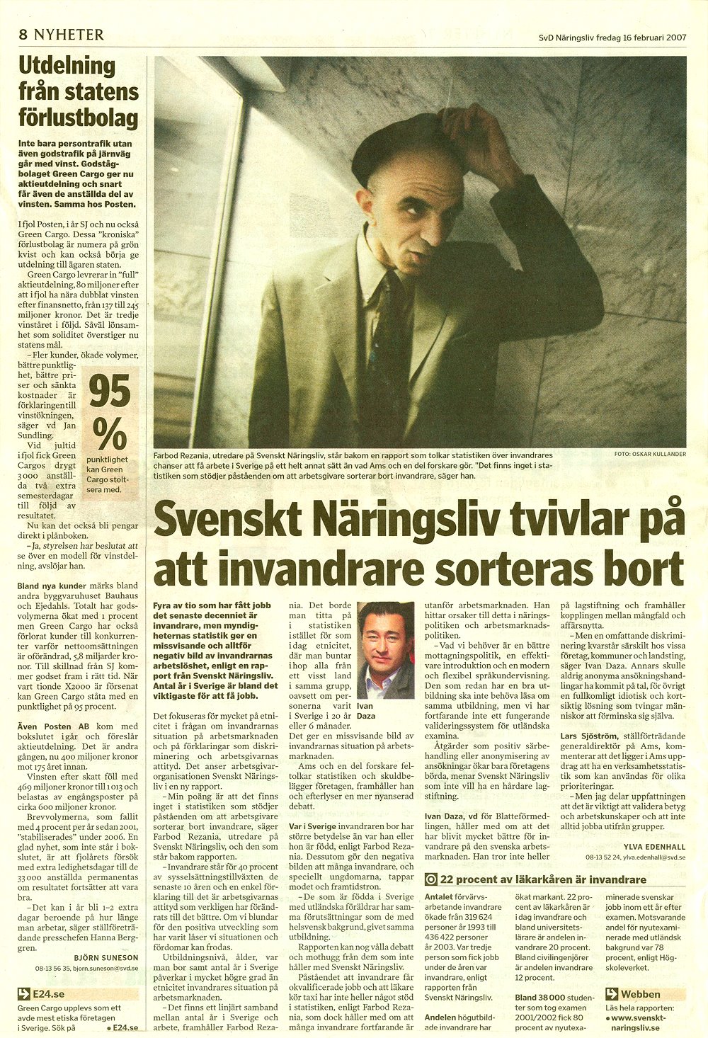 SvD Näringsliv 16 februari 2007 — artikel om invandrares ställning på arbetsmarknaden med Ivan Daza
