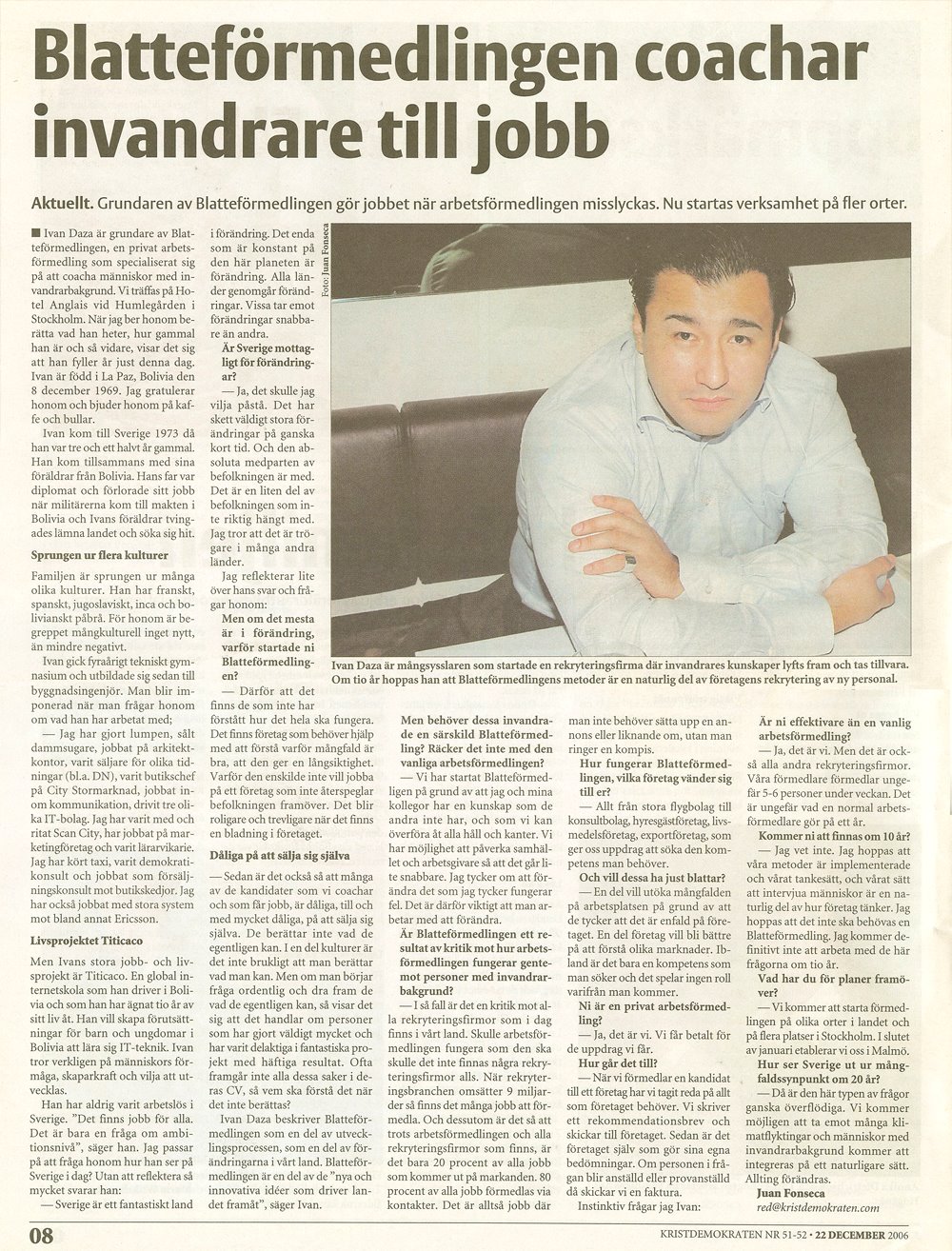 Kristdemokraten nr 51–52, 22 december 2006 — intervju med Ivan Daza om Blatteförmedlingen