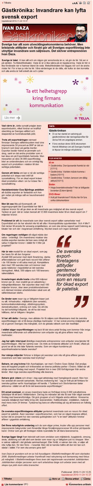 di.se gästkrönika 24 november 2010 — Invandrare kan lyfta svensk export av Ivan Daza